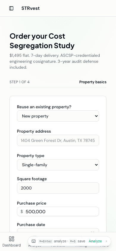 Cost Segregation Study order form, Step 1 of 4, with property basics including purchase price, square footage, and purchase date