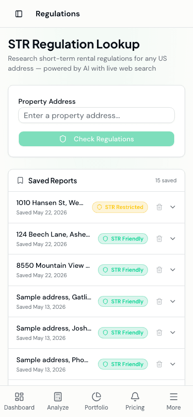 STR Regulation Lookup with five saved reports including 1010 Hansen St (Restricted), 124 Beech Lane Asheville (Friendly), and 8550 Mountain View Rd Joshua Tree (Friendly)