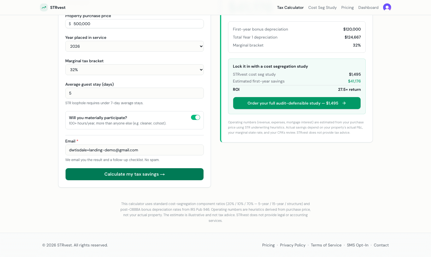 STR Loophole Tax Savings Calculator result panel showing $41,176 estimated first-year savings and a 27.5× ROI on a $1,495 cost-seg study