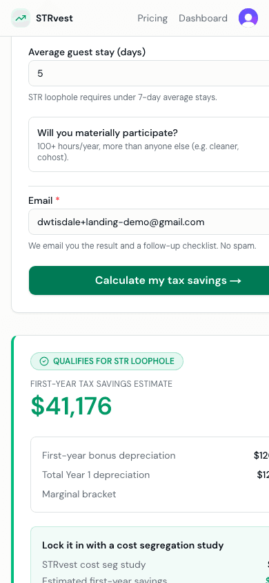 STR Loophole Tax Savings Calculator result panel showing $41,176 estimated first-year savings and a 27.5× ROI on a $1,495 cost-seg study