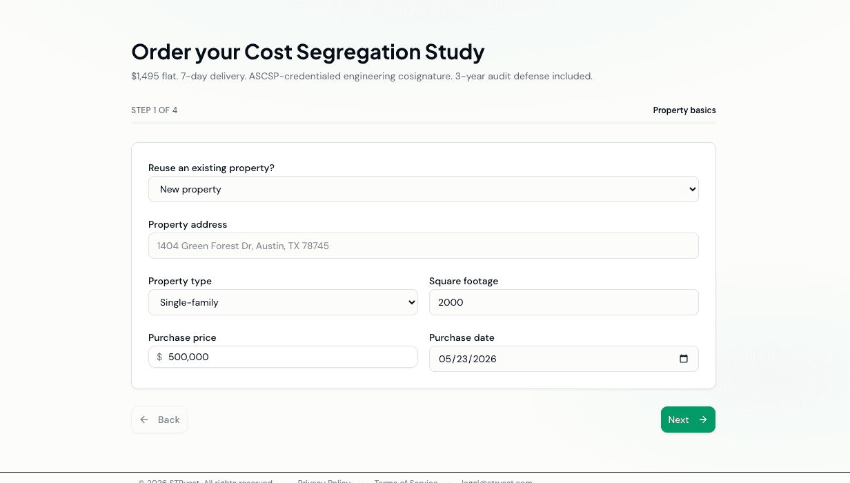 Cost Segregation Study order form, Step 1 of 4, with property basics including purchase price, square footage, and purchase date