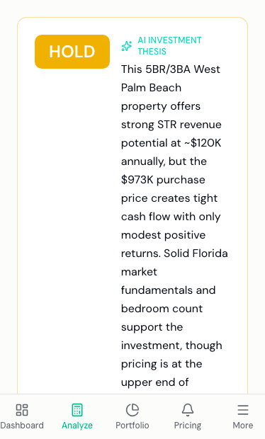 HOLD verdict card for 1010 Hansen St with AI investment thesis